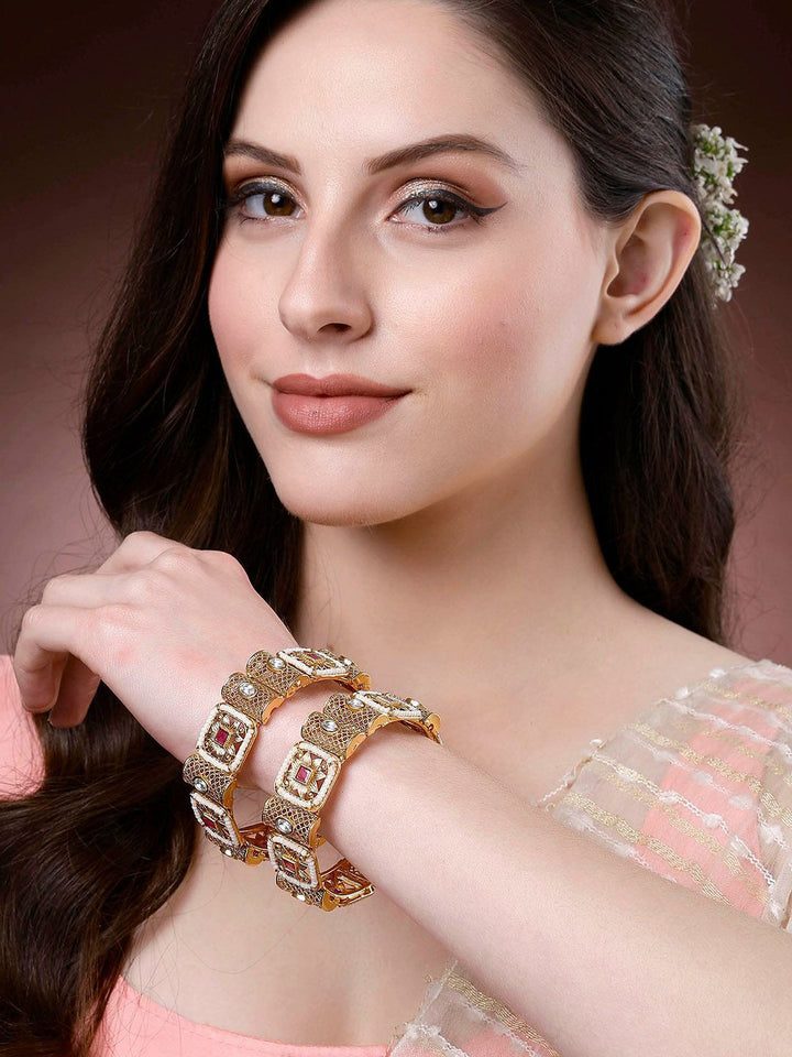 KARATCART Set Of 2 Gold-Plated Kundan Studded Bangles