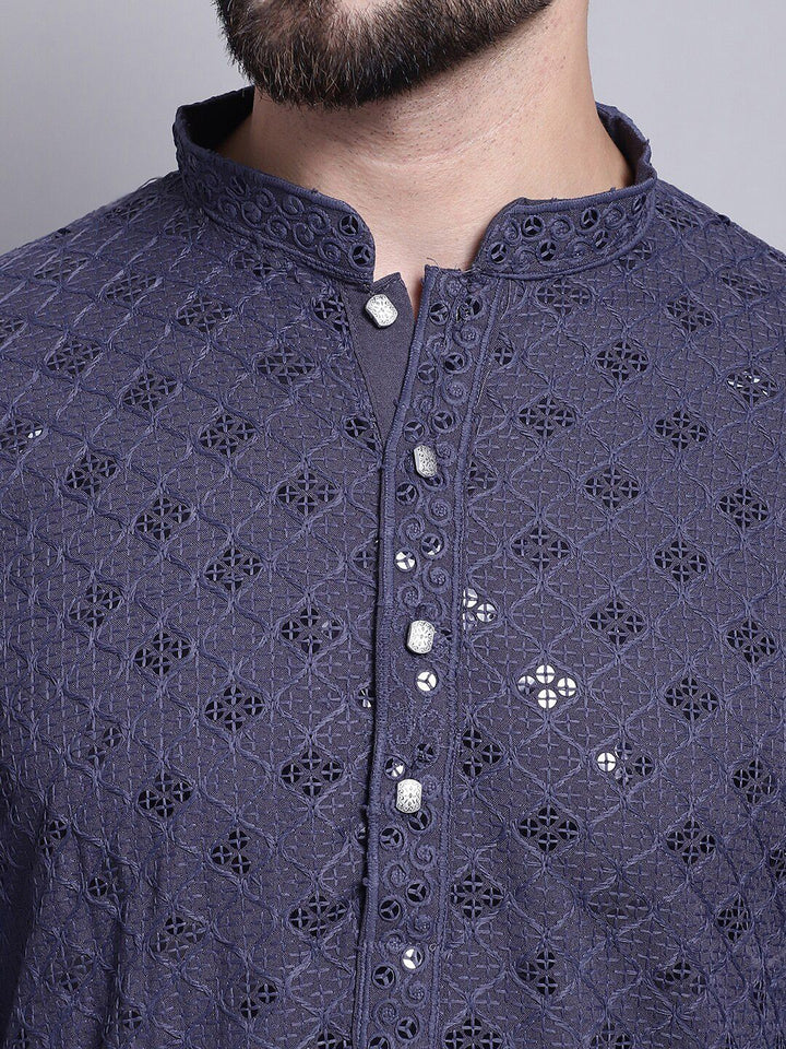 SOJANYA Geometric Embroidered Sequence Mandarin Collar Pure Cotton Kurta