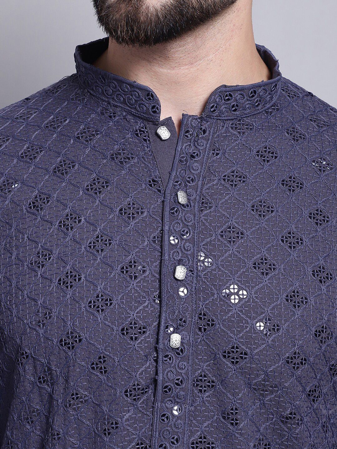 SOJANYA Geometric Embroidered Sequence Mandarin Collar Pure Cotton Kurta
