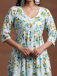 Libas V Neck Floral Printed Pleated Pure Cotton A Line Kurta with Palazzo & Dupatta