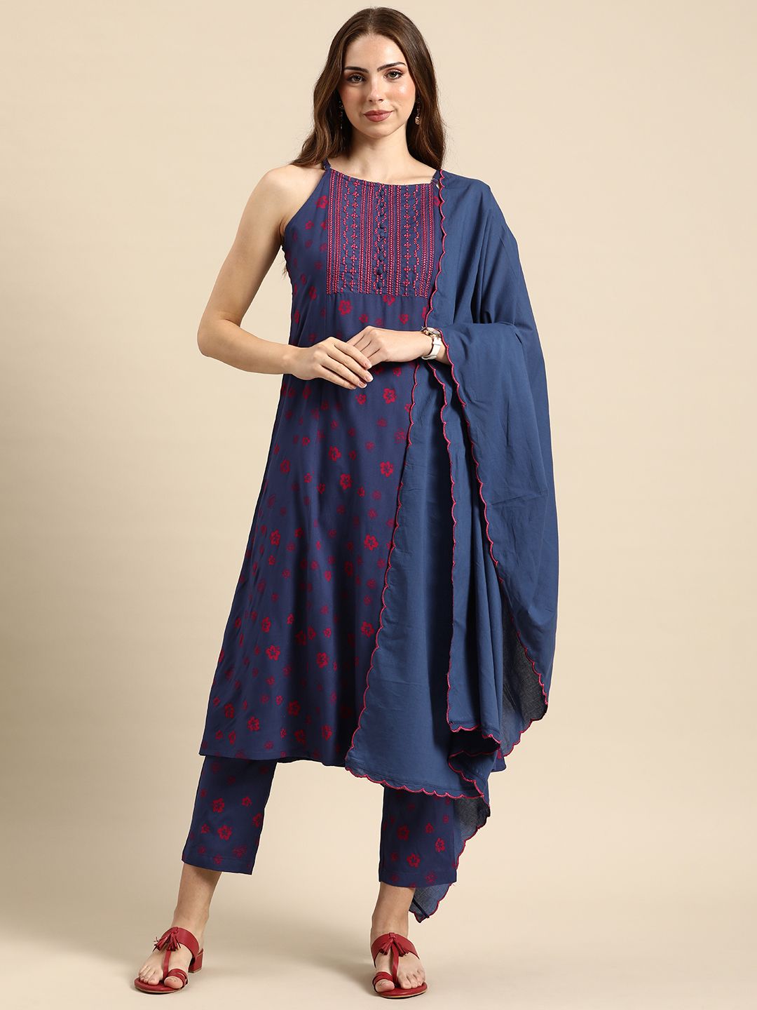 Anouk Women Floral Printed High Slit Kurta with Trousers & Dupatta Set