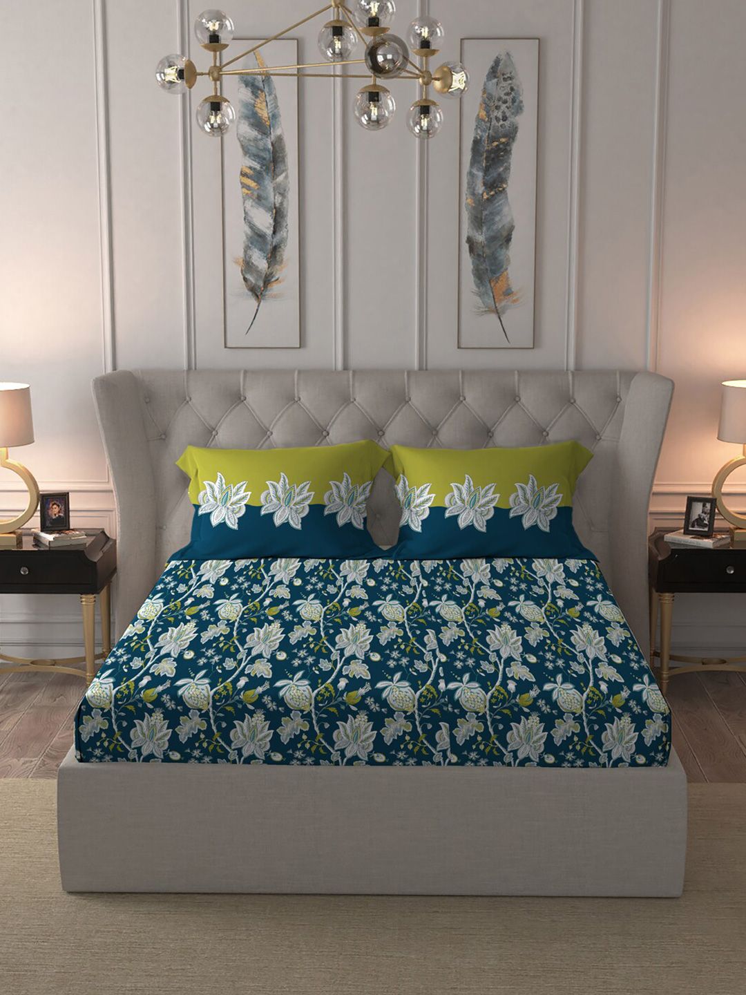 MYTRIDENT Blue  White Floral Cotton 144 TC Queen Bedsheet With 2 Pillow Covers