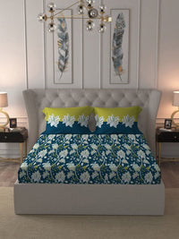 MYTRIDENT Blue  White Floral Cotton 144 TC Queen Bedsheet With 2 Pillow Covers