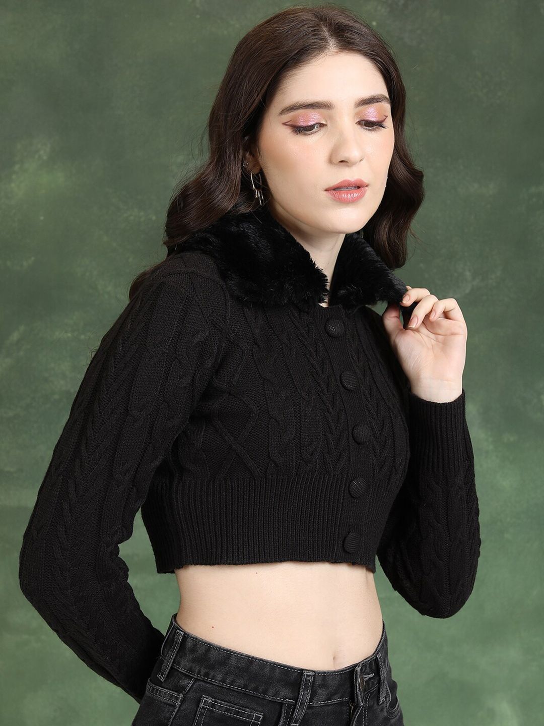 Tokyo Talkies Black Cable Knit Lapel Collar Acrylic Crop Cardigan