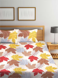 KLOTTHE White & Brown Floral Cotton Blend 300 TC King Bedsheet With 2 Pillow Cover