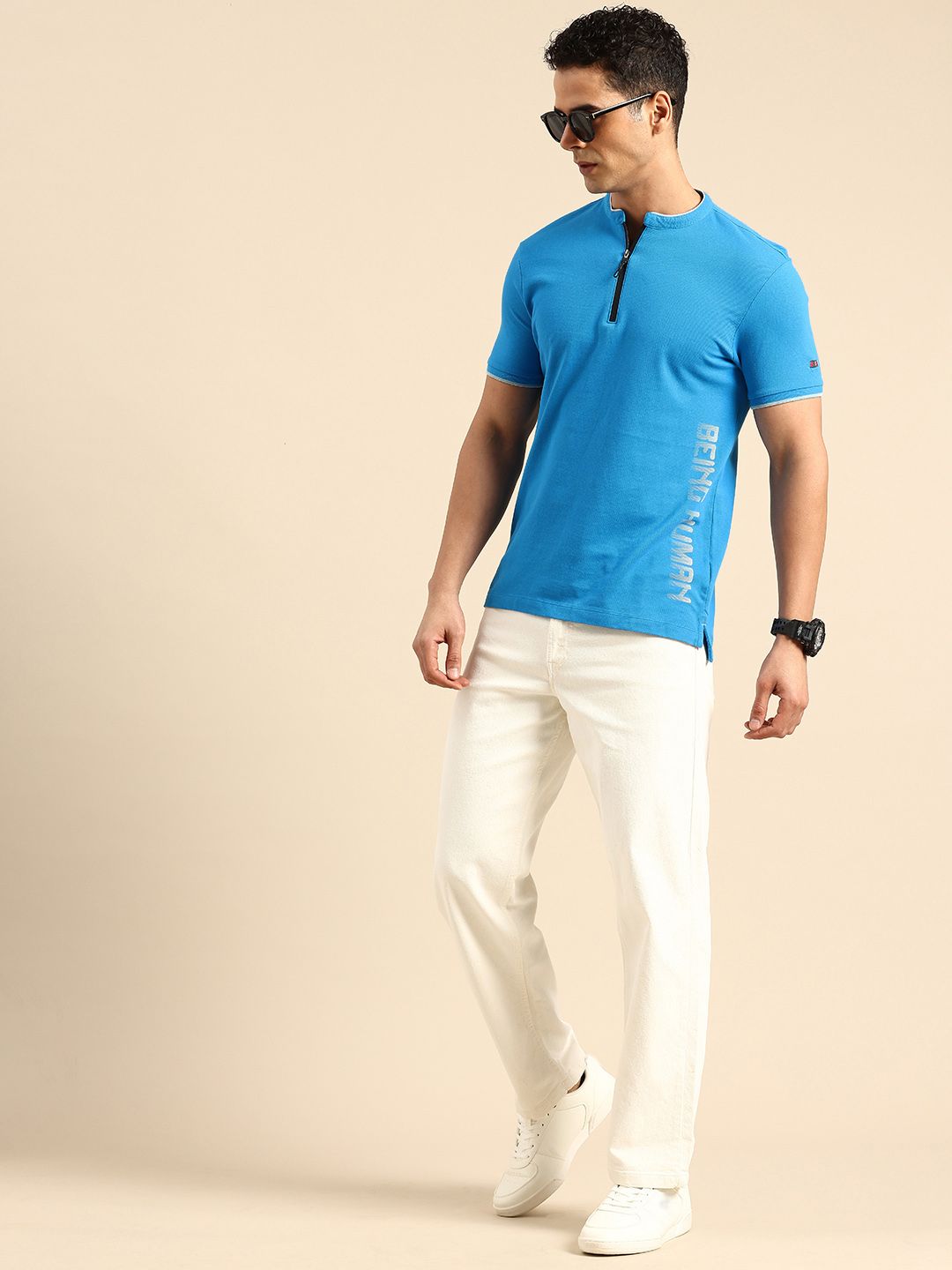 Being Human Pure Cotton Brand Logo Printed Henley Neck T-shirt