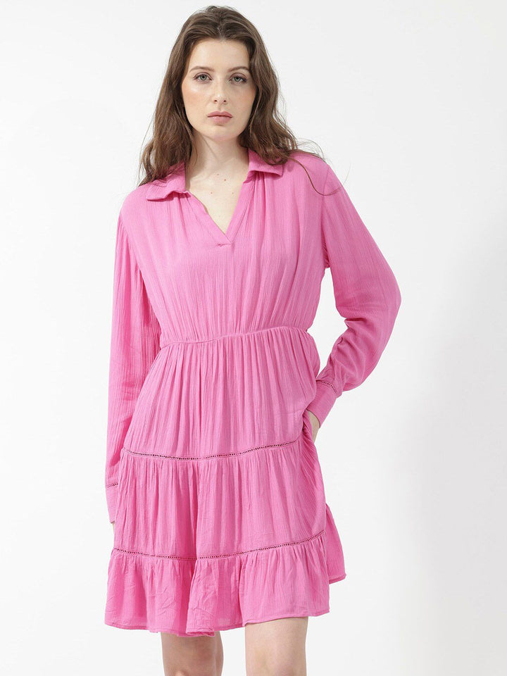 RAREISM Shirt Collar Tiered A-Line Dress