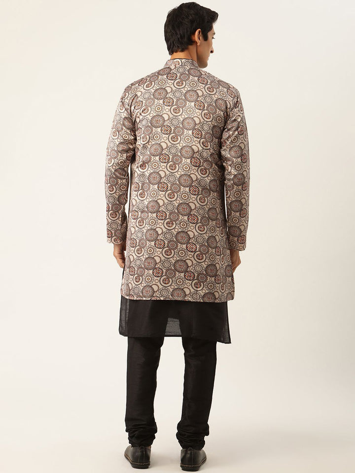 SOJANYA Kurta Solid Lelaki Hitam & Beige dengan Pijama & Jaket