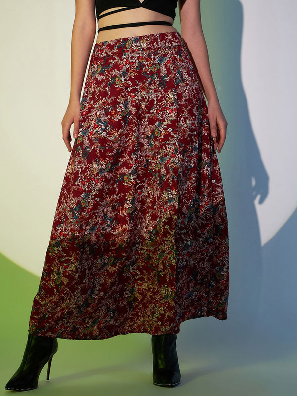Berrylush Maroon Floral Printed High Rise A-line Maxi Skirt