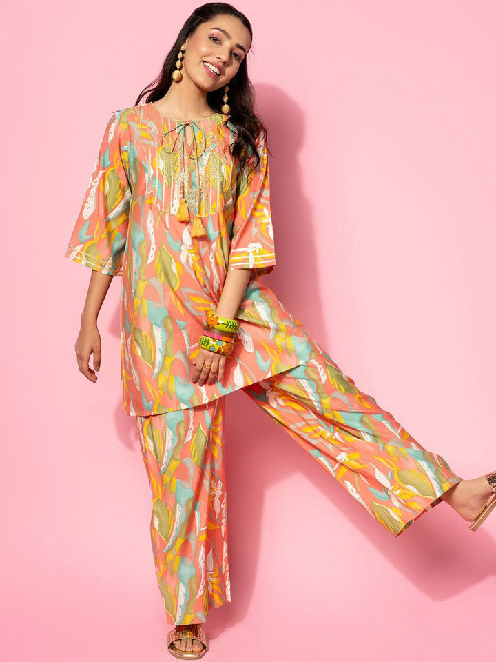 Libas Abstract Printed Gotta Patti Tie Up Neck Tunic With Trouser