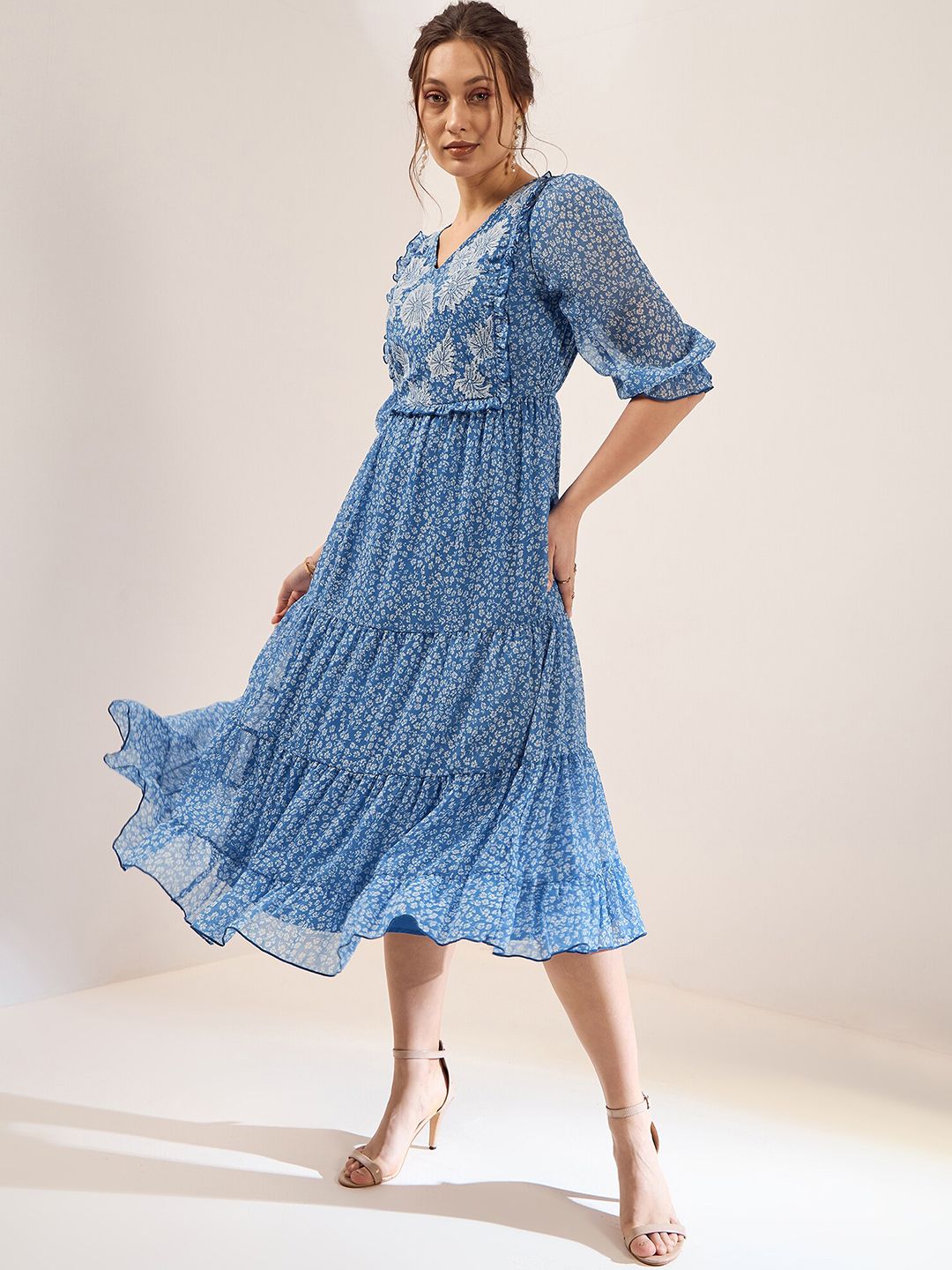 Antheaa Floral Printed Embroidered Puff Sleeve Chiffon Fit & Flare Tiered Midi Dress