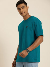 DILLINGER Men Teal Blue & Mustard Yellow Back Graphic Printed Cotton Oversized T-shirt
