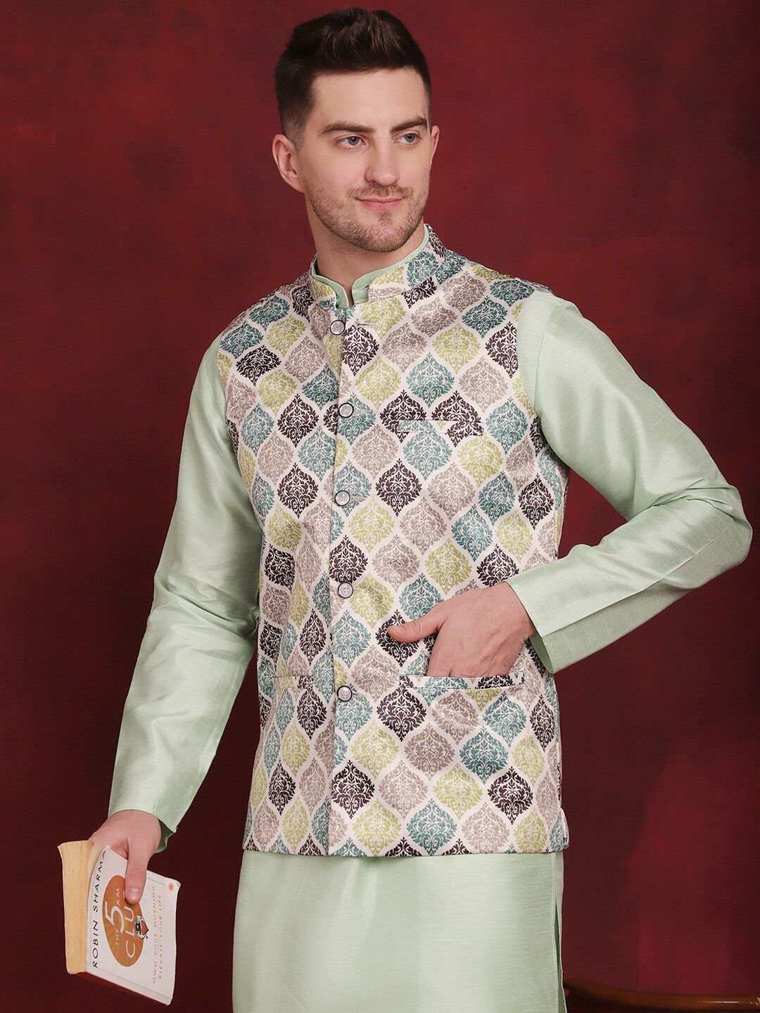 Jompers Printed Mandarin Collar Nehru Jacket
