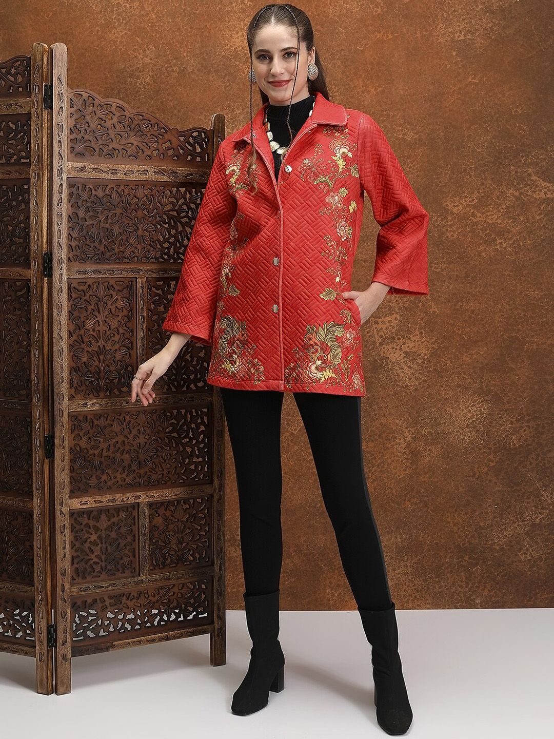 Vishudh Floral Printed Spread Collar Longline Tailored Jacket