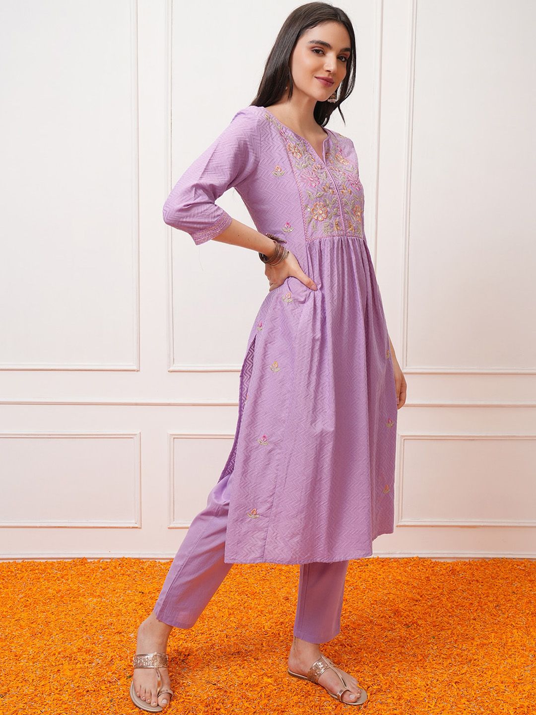 Vishudh Regular Thread Work Pure Cotton Kurta with Trouser & Dupatta