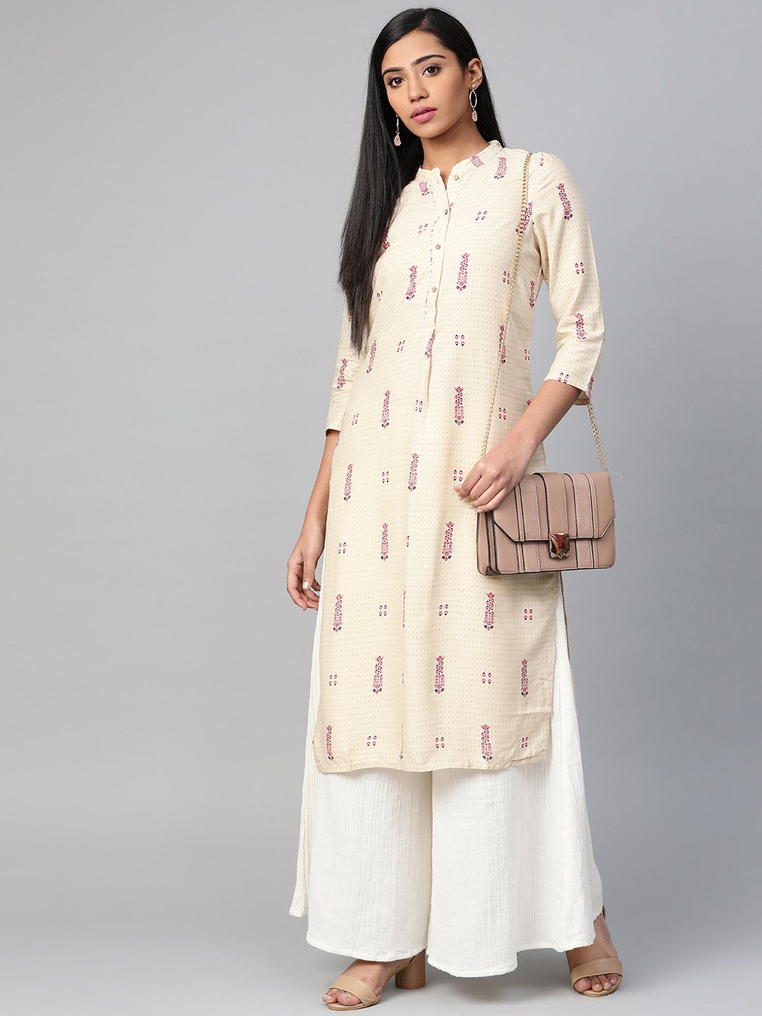 W Women Beige & Pink Printed Straight Kurta