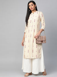 W Women Beige & Pink Printed Straight Kurta