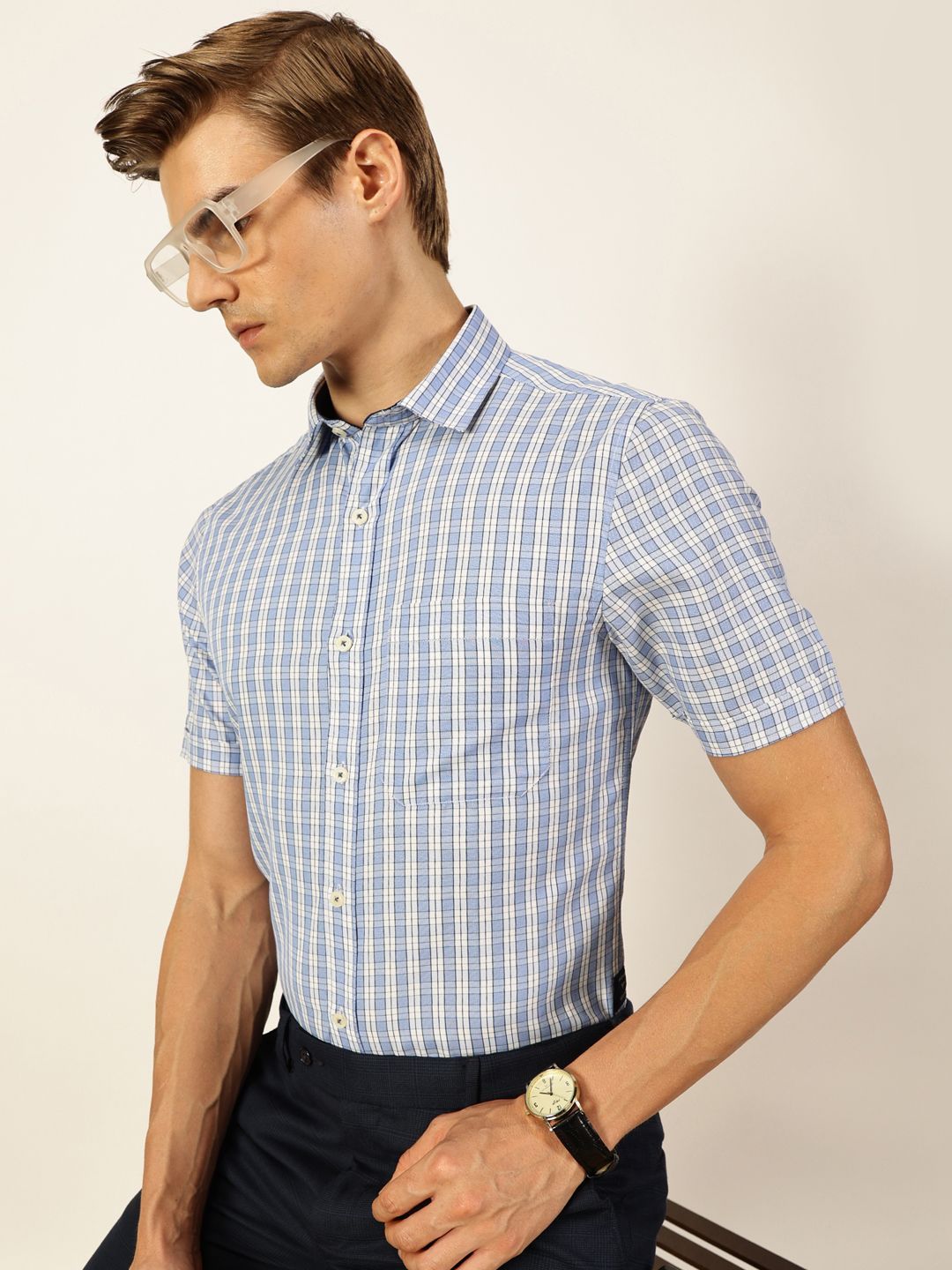 Thomas Scott Men Smart Spread Collar Tartan Checked Cotton Formal Shirt