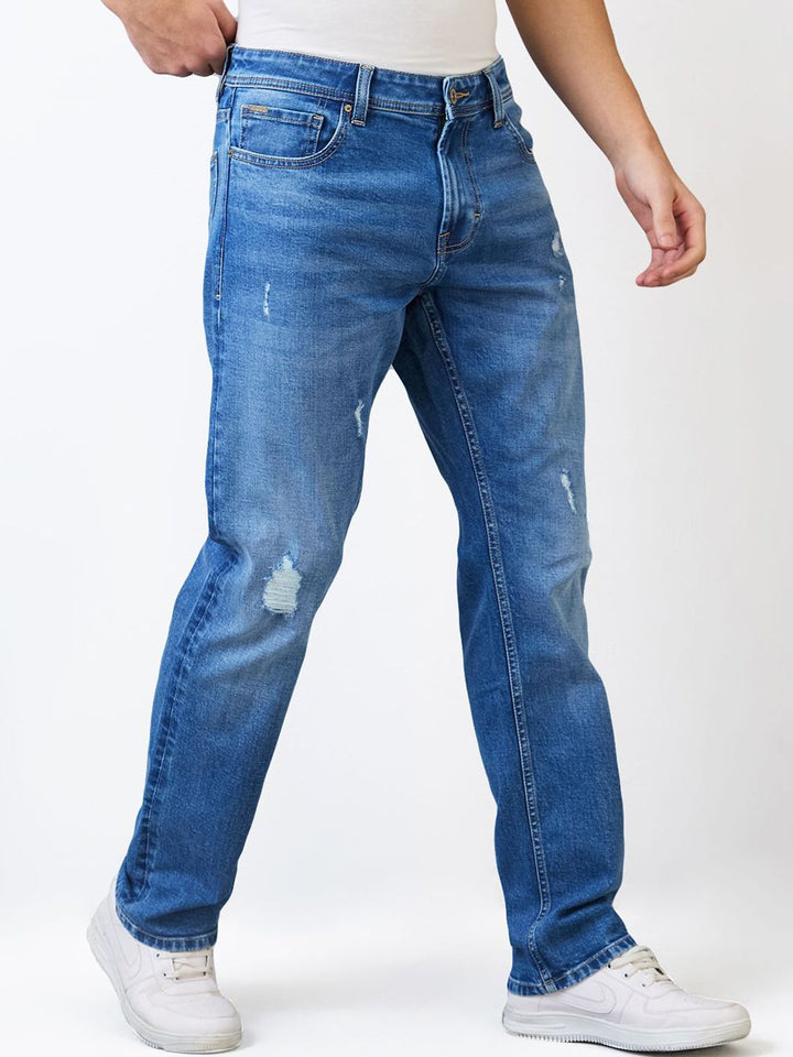 SPYKAR Men Comfort Fit Mid Rise Whiskers and Chevrons Cotton Mildly Distressed Jeans