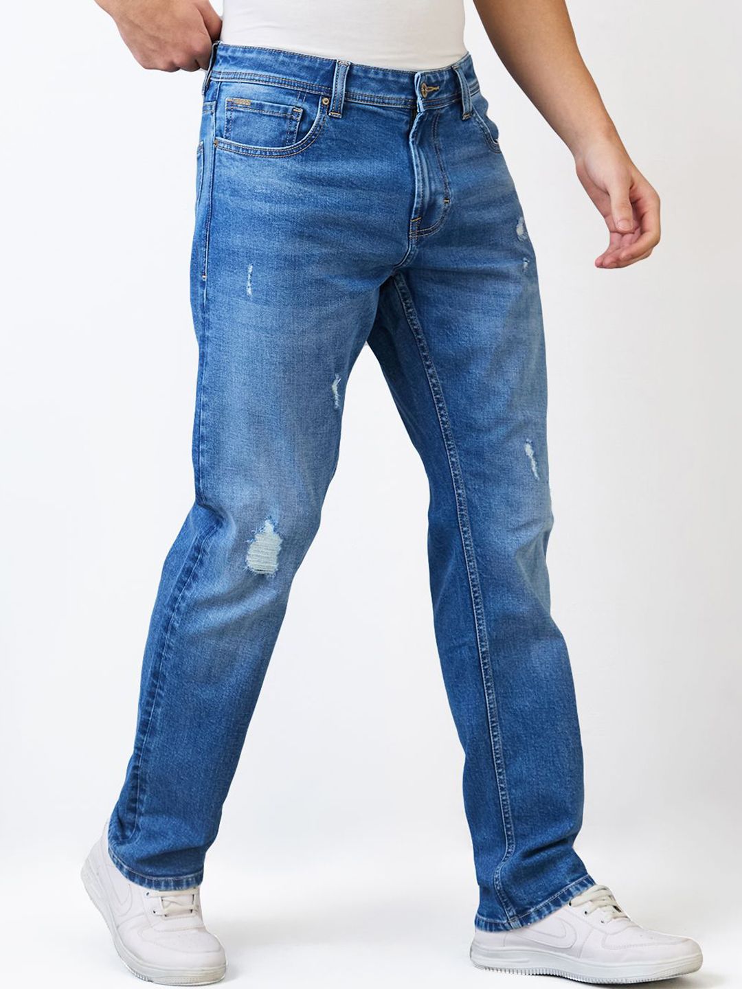 SPYKAR Men Comfort Fit Mid Rise Whiskers and Chevrons Cotton Mildly Distressed Jeans