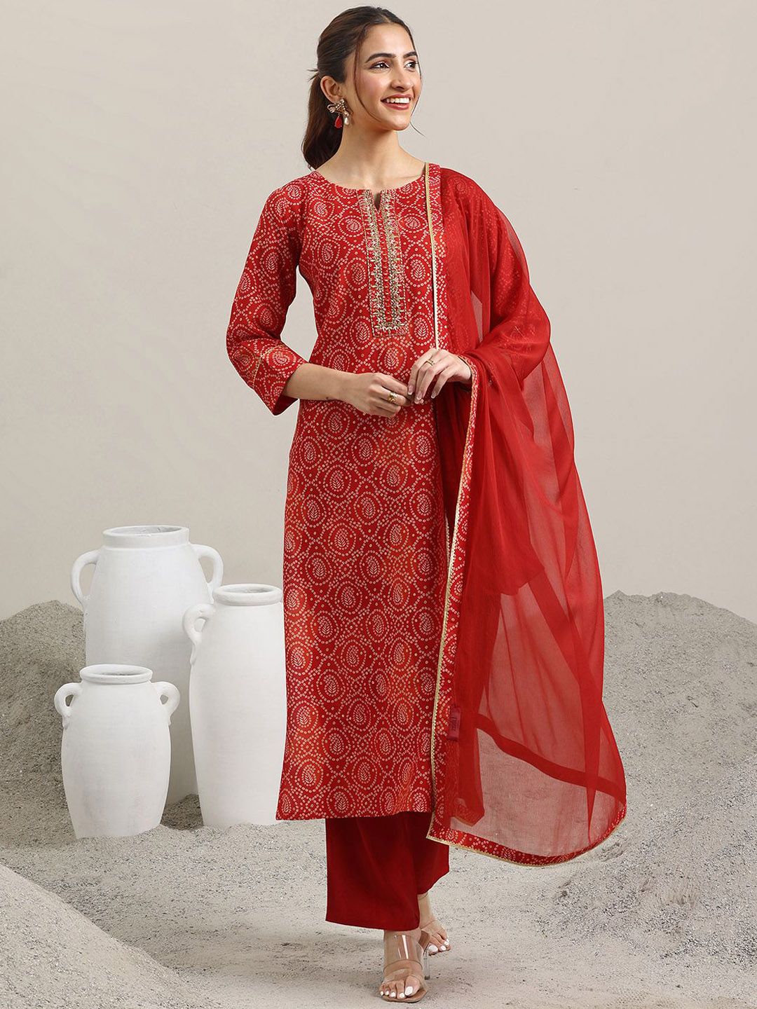Libas Bandhani Printed Regular Gotta Patti Straight Kurta with Trousers & Dupatta