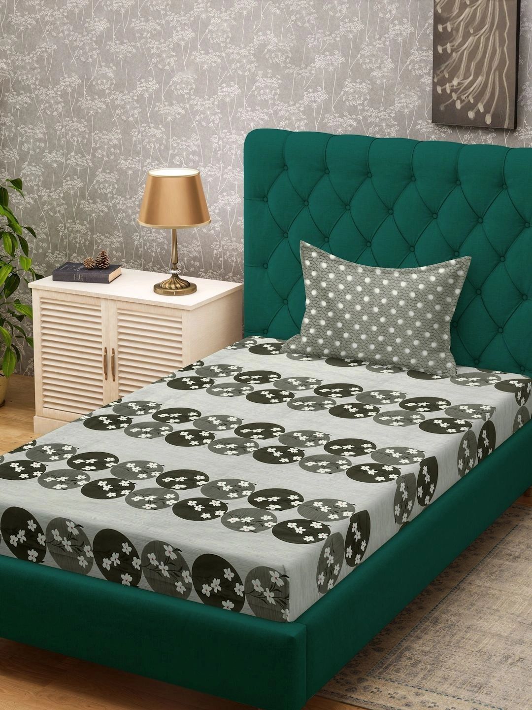 Myntra Elegant Homes Hijau Zaitun & Coklat Bunga 400 TC Cadar Single dengan 1 Sarung Bantal