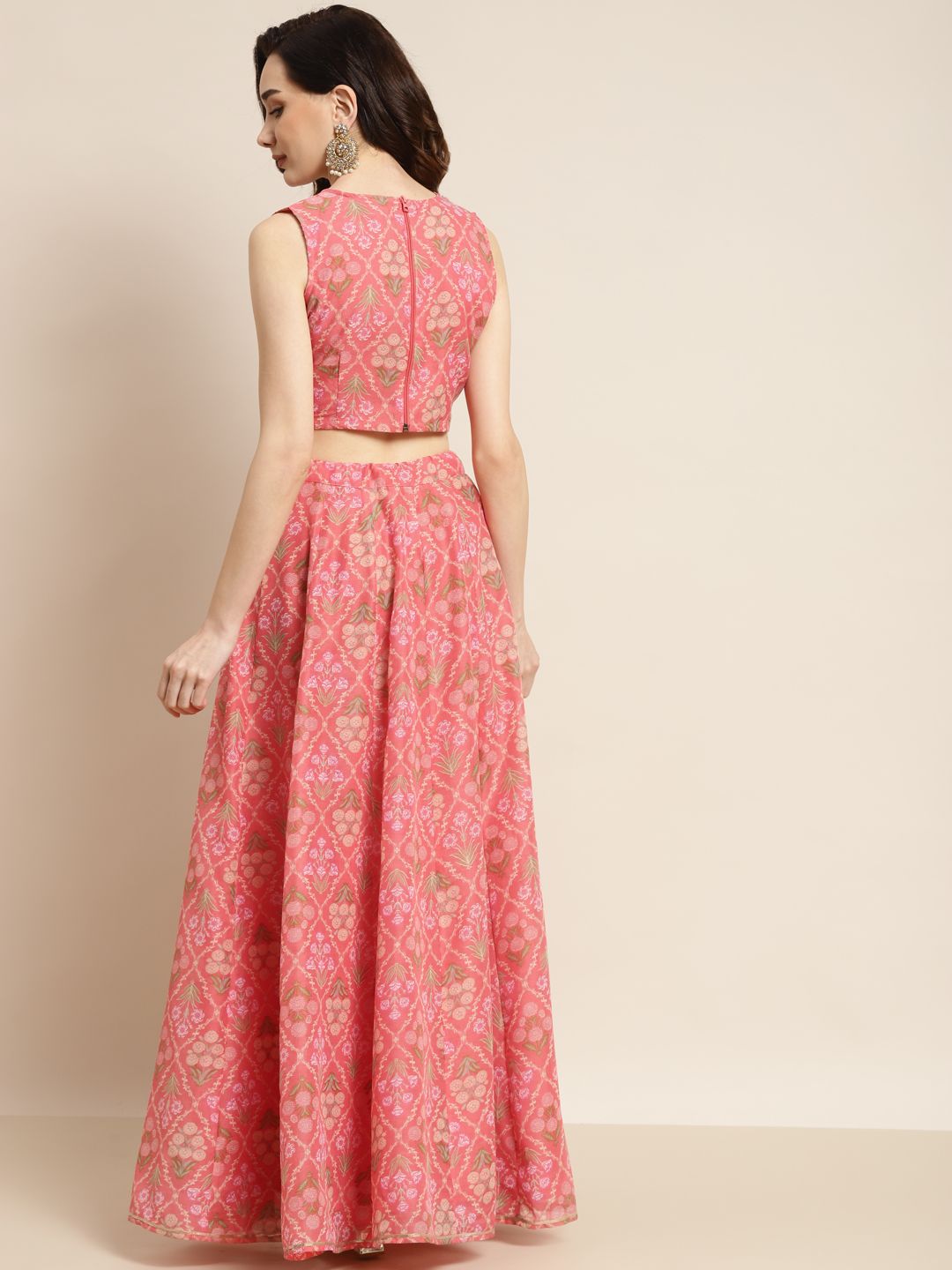 Shae by SASSAFRAS Peach-Coloured & Olive Green Printed Fusion Lehenga Choli