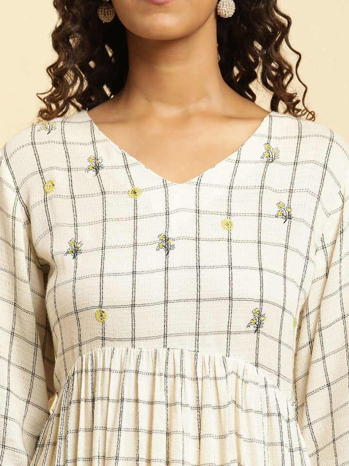 W Checked Round Neck A-Line Midi Dress