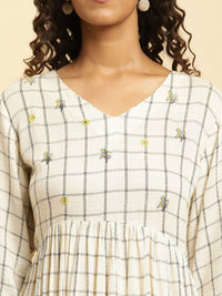W Checked Round Neck A-Line Midi Dress