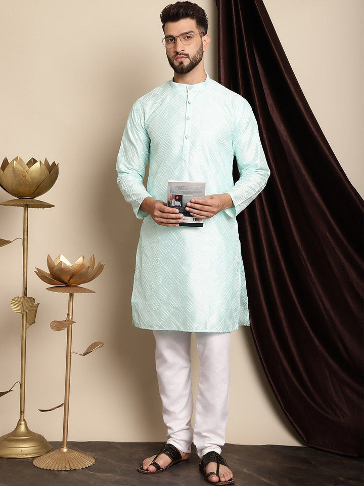 Anouk Men Sea Green Geometric Embroidered Kurta with Churidar