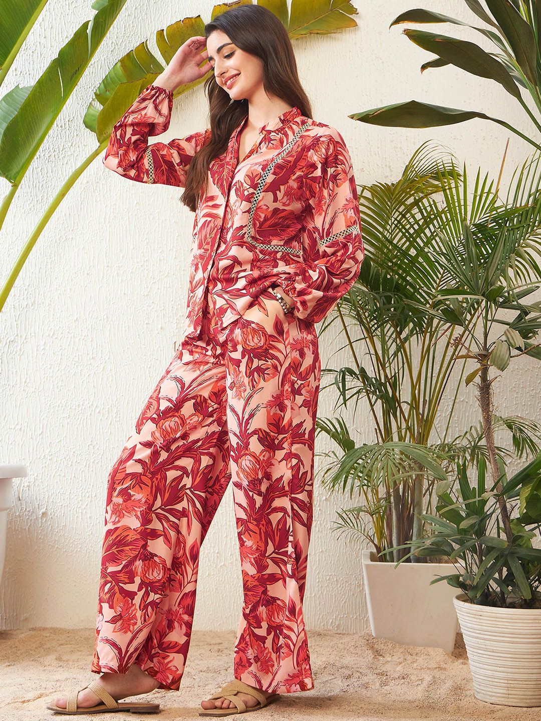 SASSAFRAS Rust Floral Printed Blouse & Palazzo Co-Ord Set