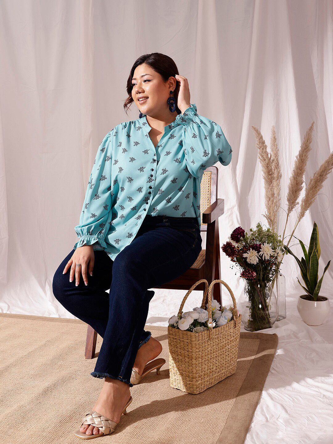 CURVY STREET Plus Size Comfort Floral Printed Mandarin Collar Casual Shirt
