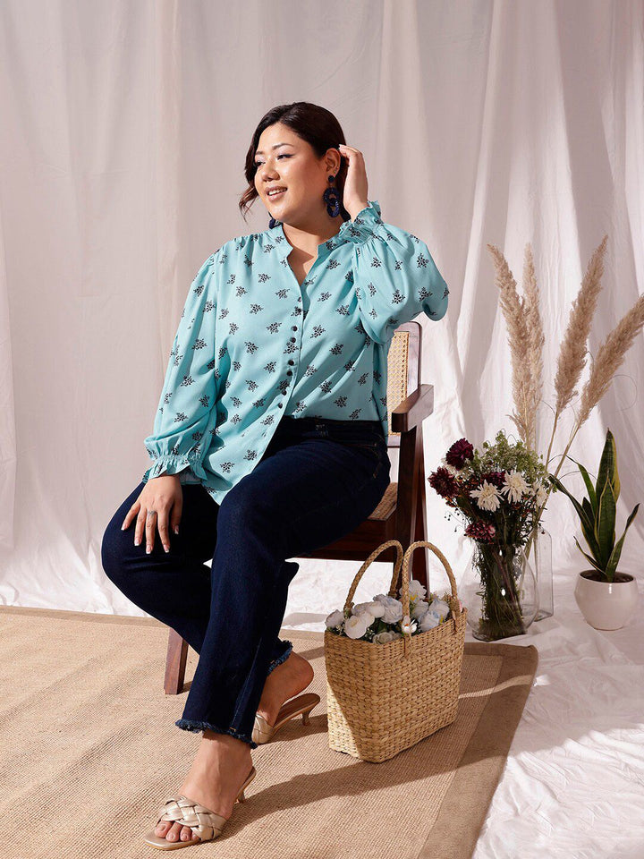 CURVY STREET Plus Size Comfort Floral Printed Mandarin Collar Casual Shirt