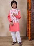 pspeaches Boys Mandarin Collar Long Sleeves Straight Kurta With Pyjamas & Jacket