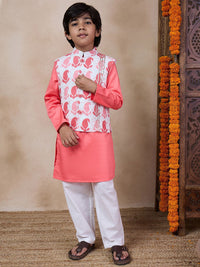 pspeaches Boys Mandarin Collar Long Sleeves Straight Kurta With Pyjamas & Jacket