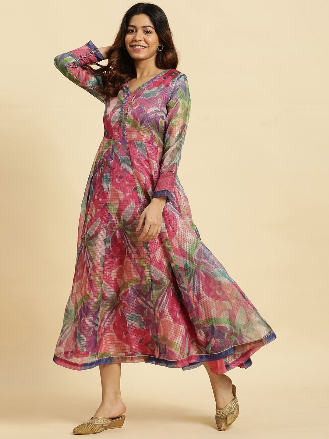 W Pink & Green Abstract Printed Fit & Flare Ethnic Dress