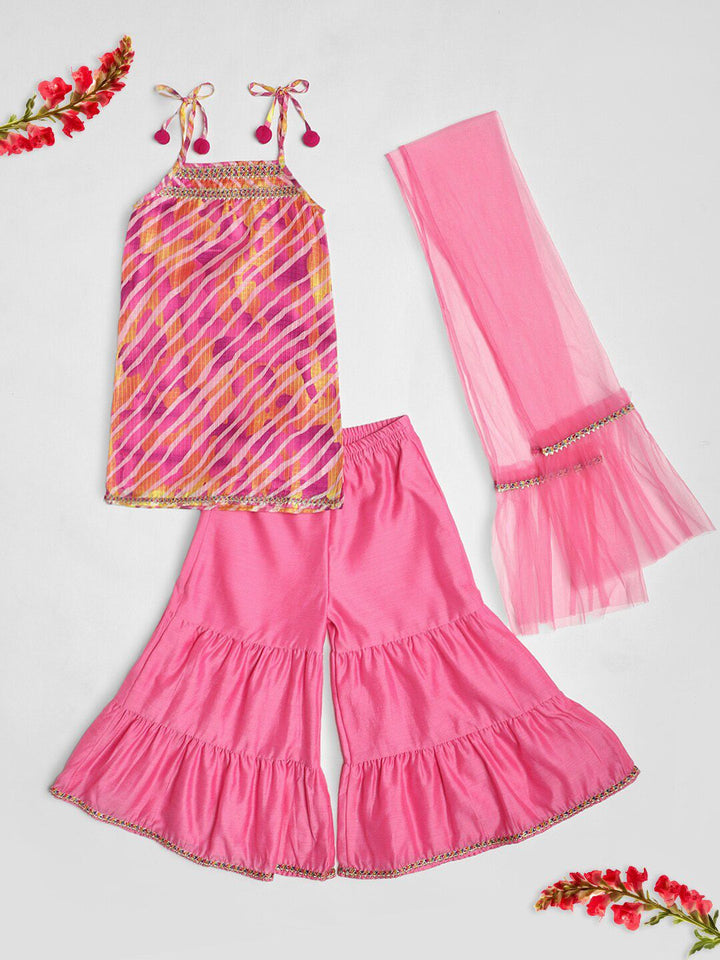 Nauti Nati Girls Leheriya Printed Shoulder Straps Gotta Patti Kurti with Sharara & Dupatta