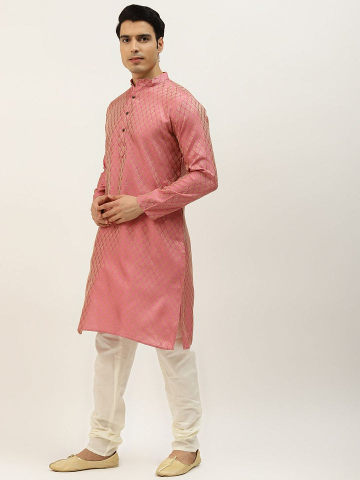 SOJANYA Men Pink & Golden Self Design Kurta with Churidar & Nehru Jacket