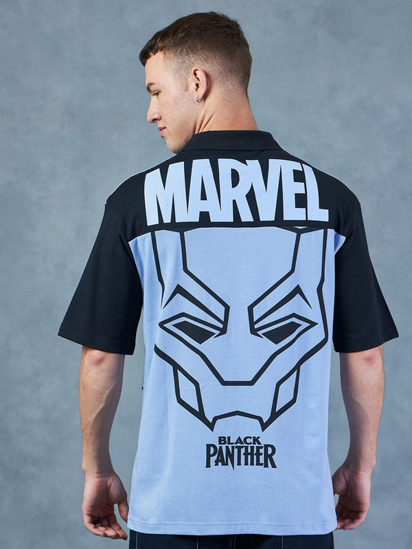 Bewakoof Black Panther Marvel Printed Polo Collar Oversized Cotton T-shirt