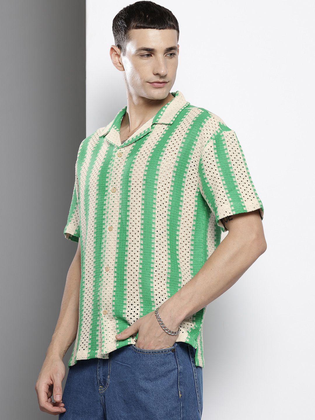 The Indian Garage Co Men Textured Open Weave Knitted Relaxed Fit Shirt