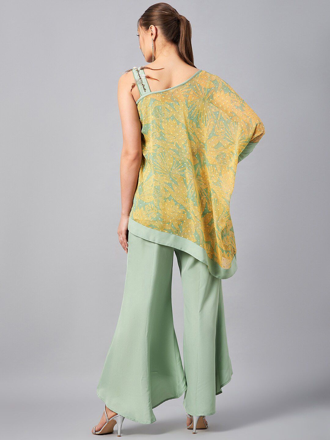 Antheaa Self Design One Shoulder Tunic With Flared Palazzos