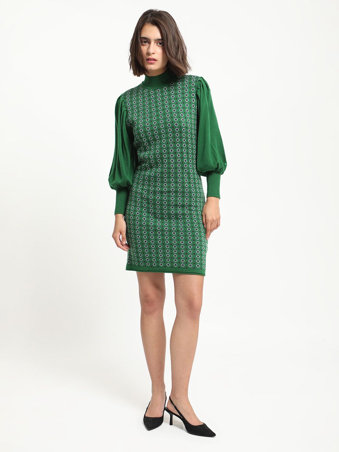 RAREISM Geometric Self Design Acrylic High Neck Sheath Winter Dresses