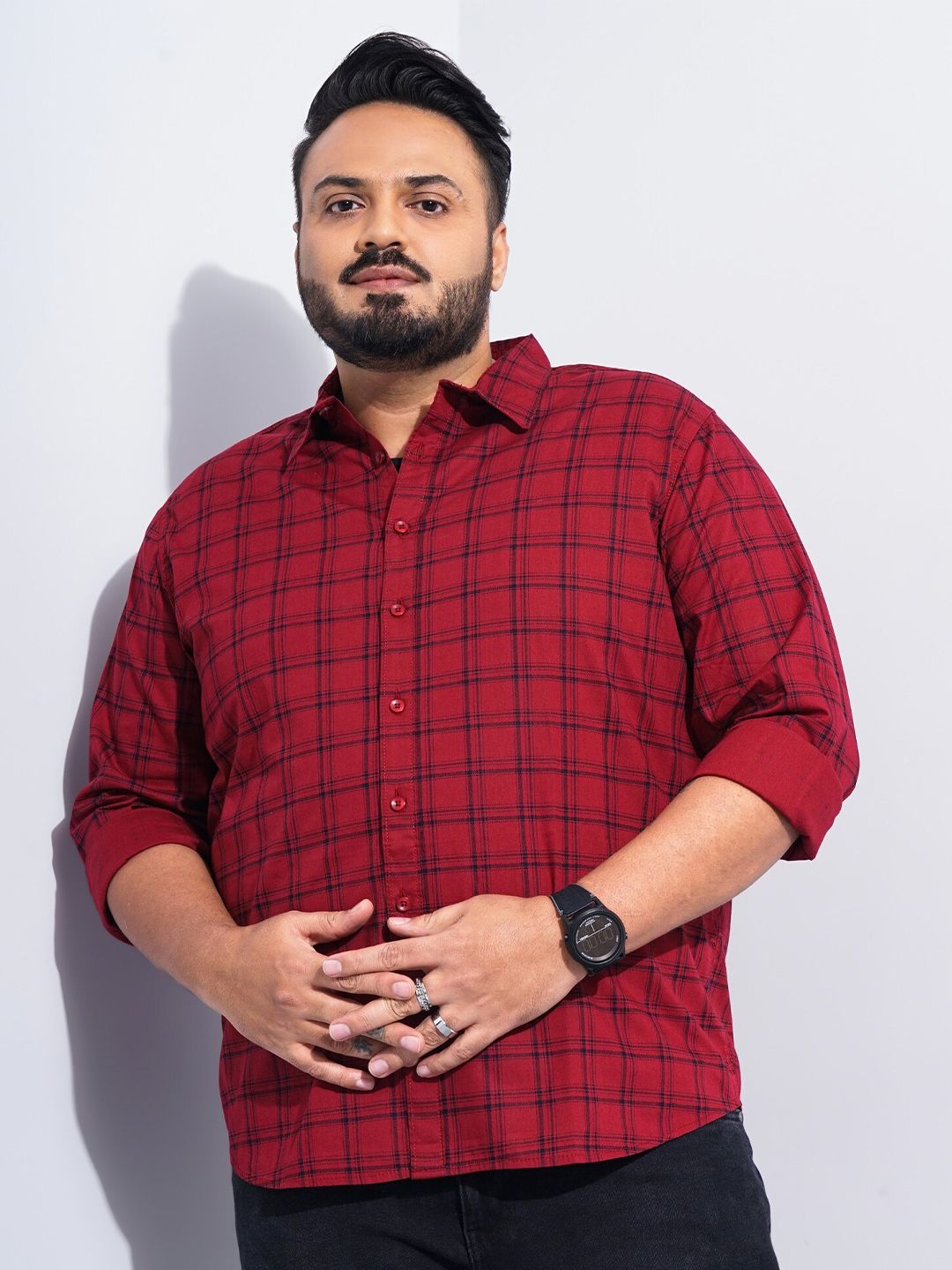 The Indian Garage Co Plus Size Windowpane Checked Cotton Casual Shirt