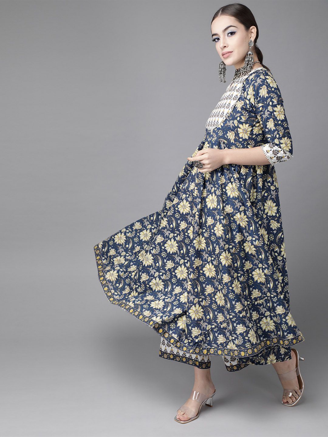 Libas Womens Blue Printed Cotton Anarkali Kurta dengan Palazzos & Dupatta