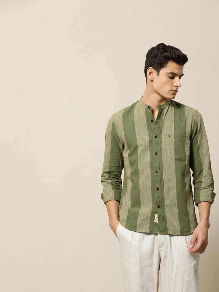 Mr Bowerbird Men Olive Green & Beige Tailored Fit Striped Cotton Linen Casual Shirt