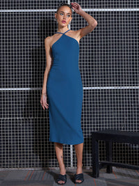 SASSAFRAS Blue Halter Neck Sheath Midi Dress