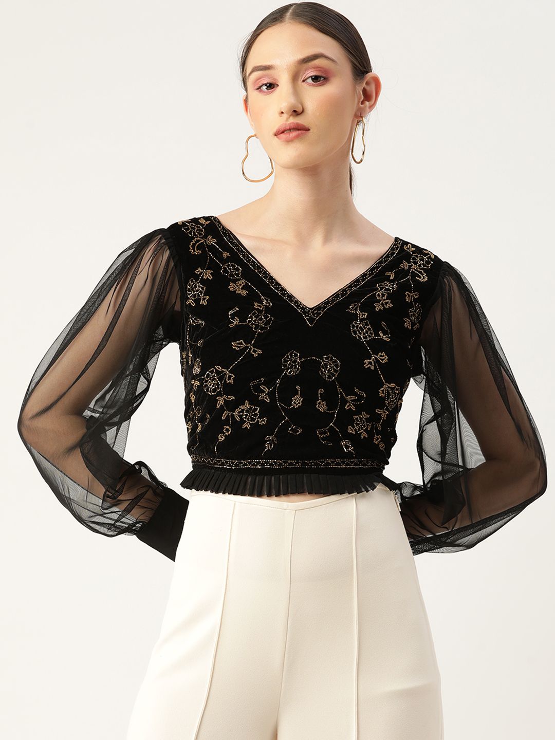 Antheaa Black Embellished Velvet Crop Top