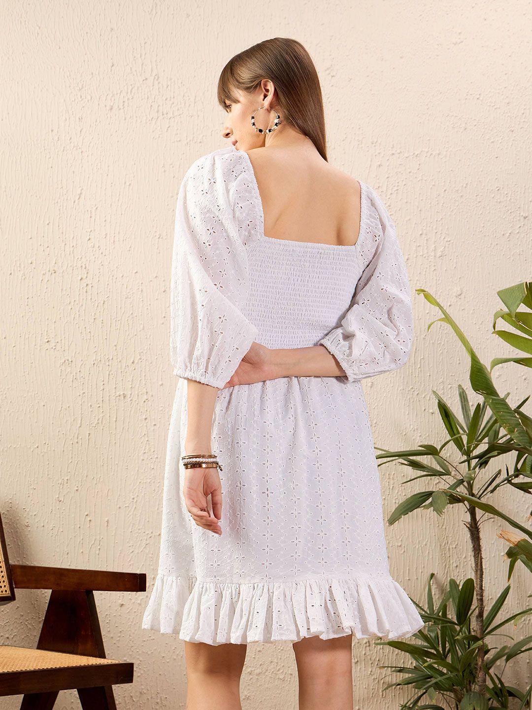 SASSAFRAS Pure Cotton Square Neck Smocked Fit & Flare Dress