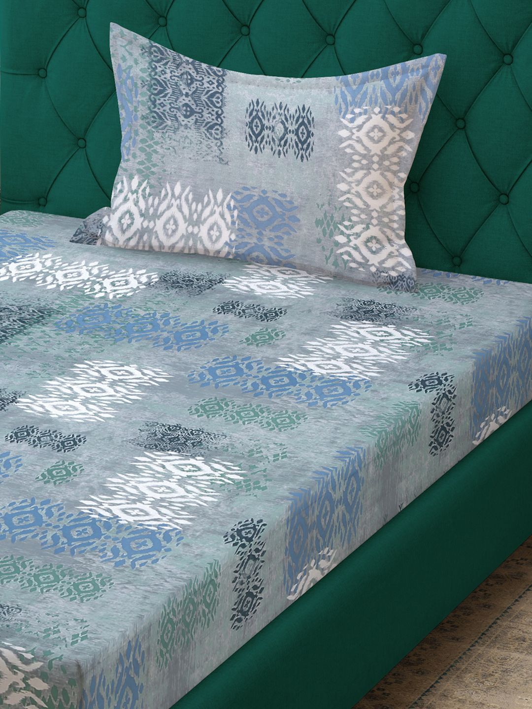 KLOTTHE Blue & Grey Printed Pure Cotton 400 TC Fitted Single Bedsheet With Pillow Cover