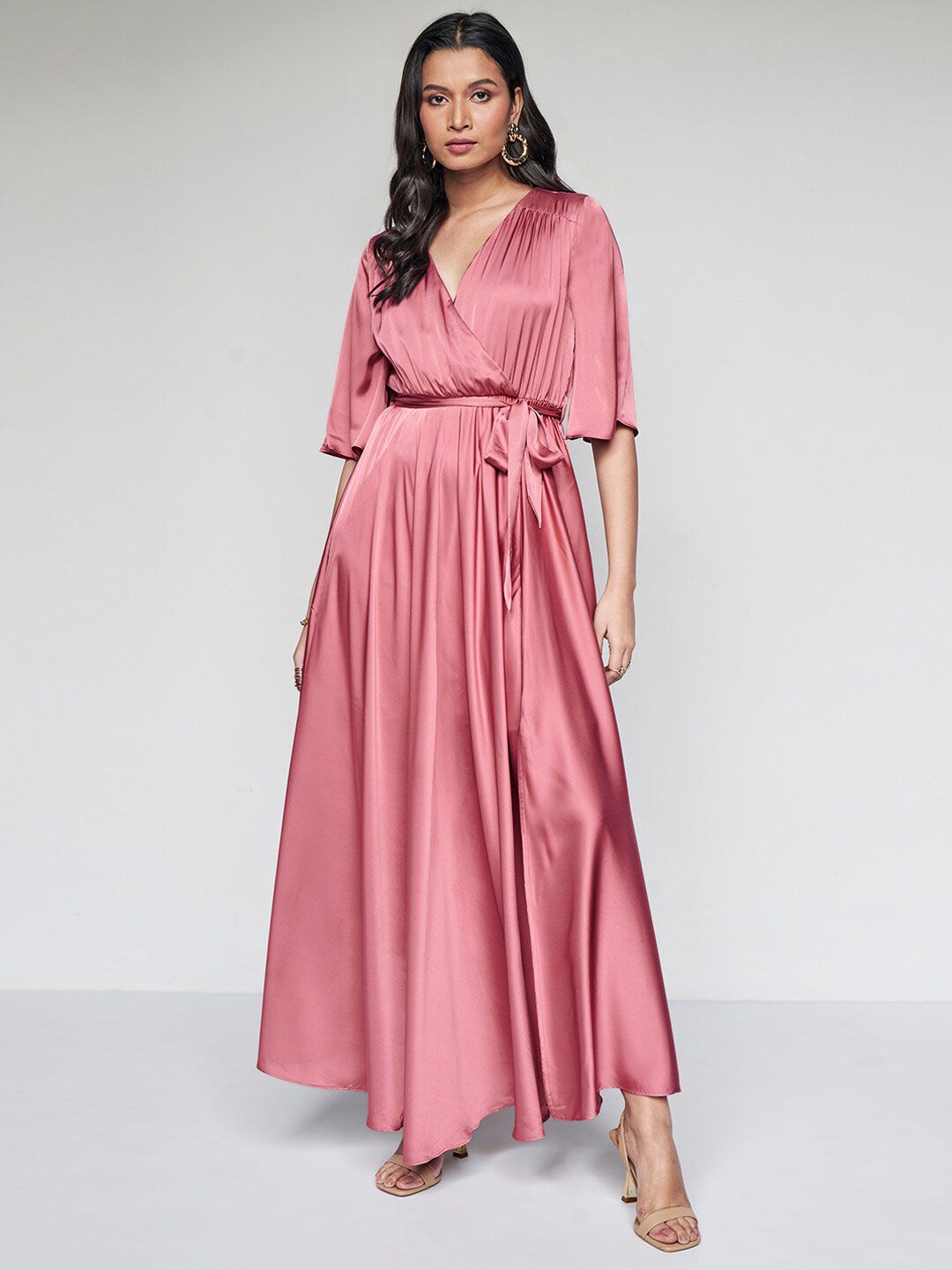 AND Flared Sleeves Belted Pleated Midi Wrap Dress